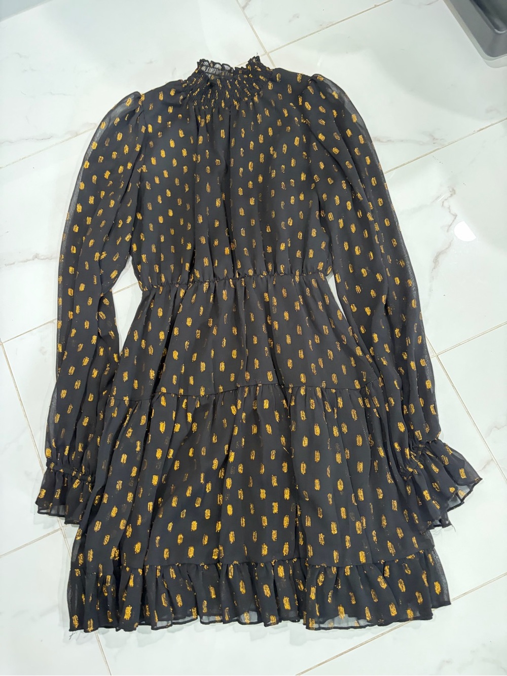 Black Long -Sleeve Tiered Dress with Gold Dot Print